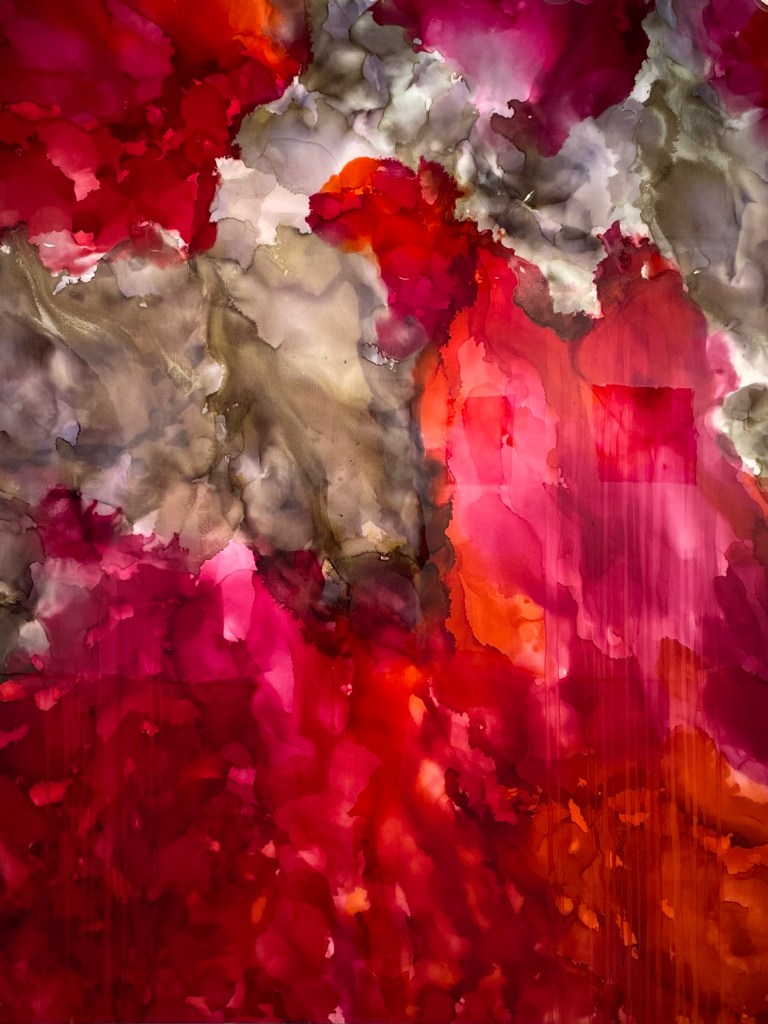 Design and Style Report image, Imani Bilal abstract painting with resin in reds and browns