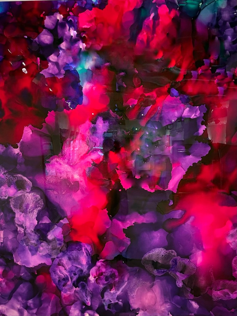 Design and Style Report image, Imani Bilal abstract painting with resin in reds and purples