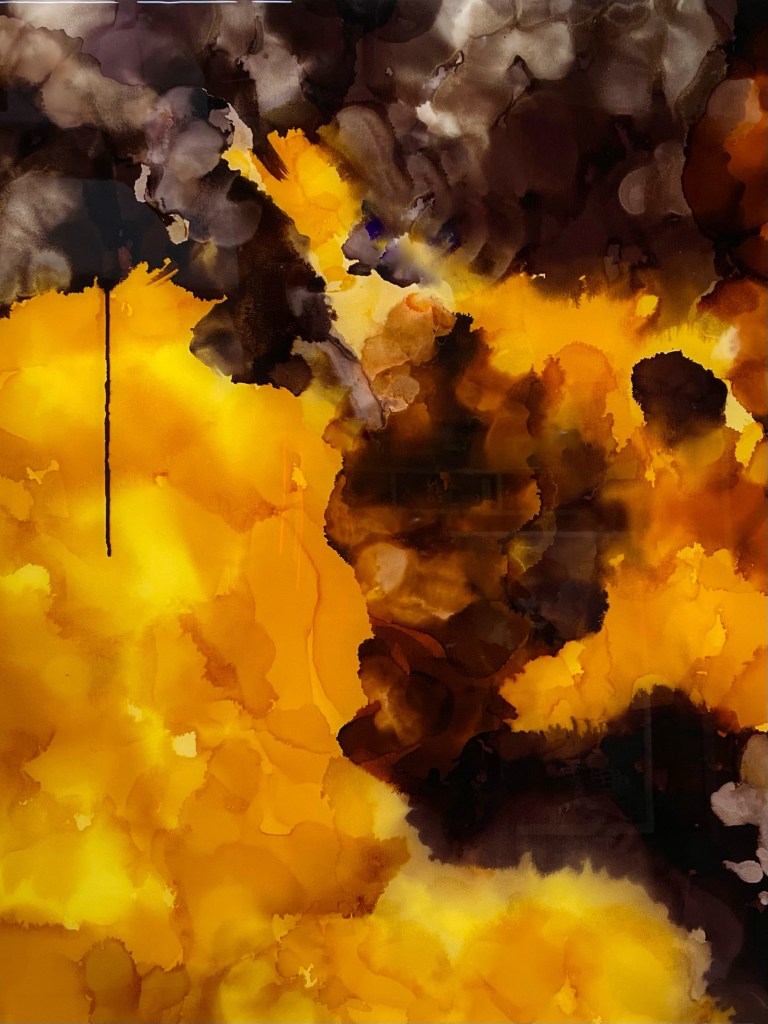 Design and Style Report image, Imani Bilal abstract painting with resin in yellow and brown